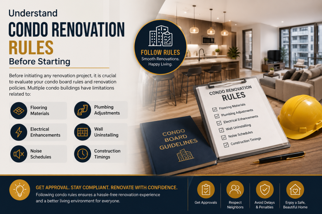 Modern condo renovation rules infographic showing flooring materials, plumbing adjustments, electrical enhancements, wall uninstalling, noise schedules, and construction timings for Saskatoon condo renovations.