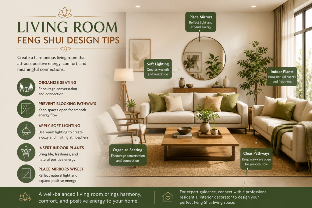 Living Room Feng Shui Design Tips with balanced seating, indoor plants, soft lighting, open pathways, and mirror placement for positive energy flow