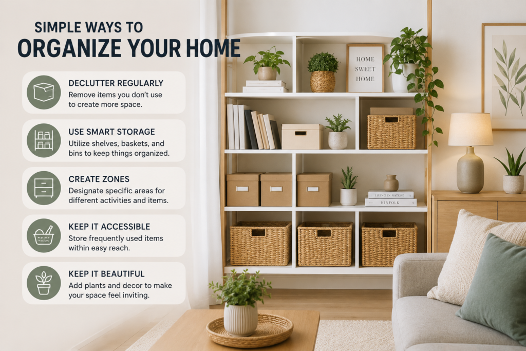 Simple home organization tips with stylish storage shelves and minimalist interior decor.