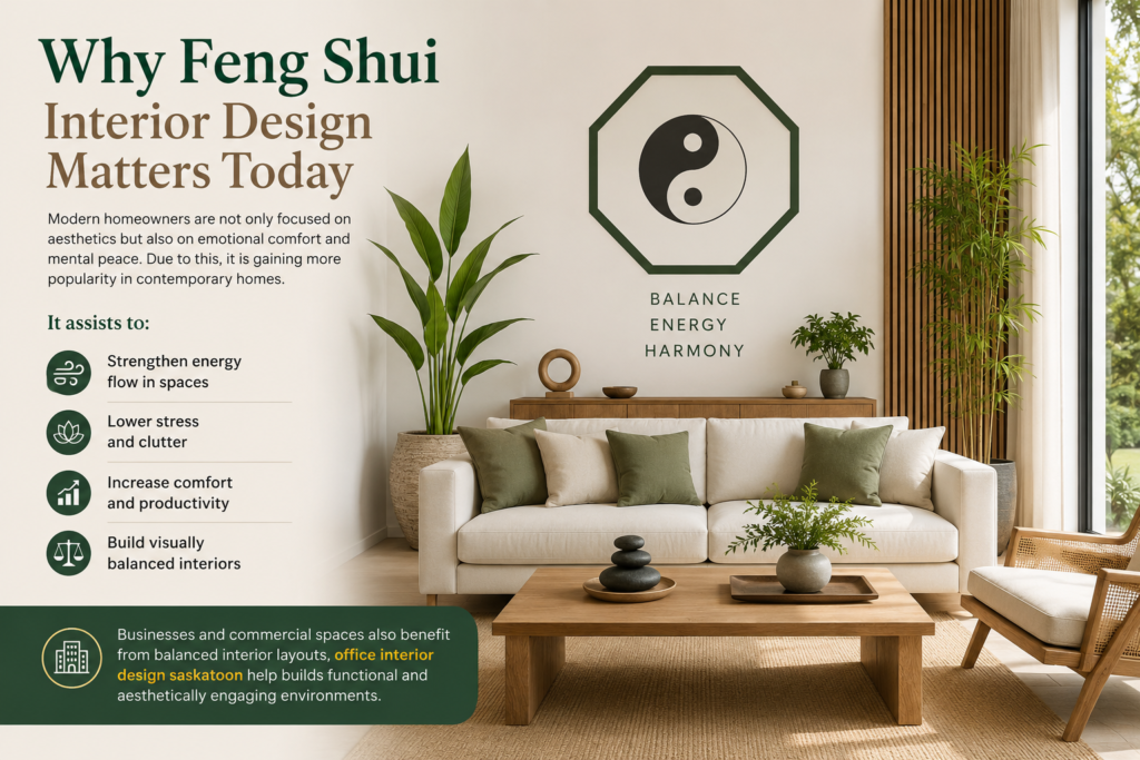 Modern Feng Shui living room interior with balanced furniture layout, natural plants, calming colors, and harmonious design elements that promote comfort, productivity, and positive energy flow.