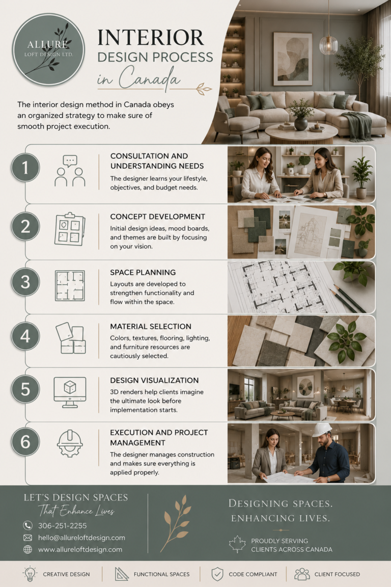 Interior Design Process in Canada infographic by Allure Loft Design Ltd showing consultation, concept development, space planning, material selection, 3D visualization, project execution, and contact number 306-251-2255.