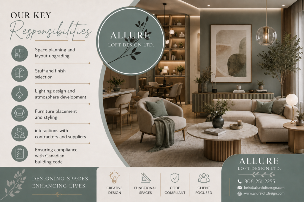 Interior designer responsibilities in Canada showing space planning, lighting design, furniture styling, material selection, contractor coordination, and building code compliance by Allure Loft Design Ltd.