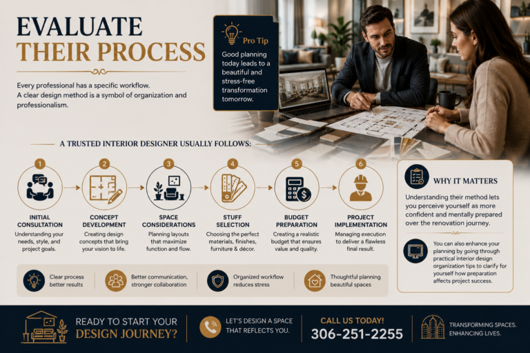 Professional interior designer explaining the complete design process with floor plans, material samples, project timeline, and renovation workflow during a client consultation.