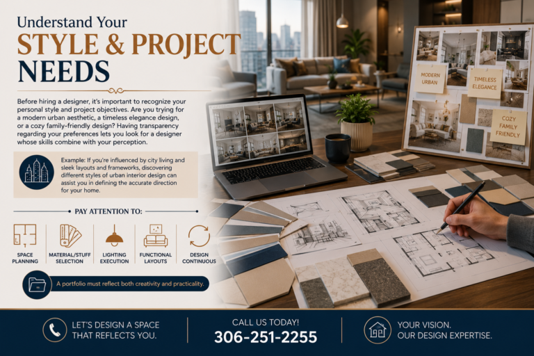 Interior designer planning a modern home renovation with floor plans, material samples, mood boards, and design concepts while discussing project goals with a client.