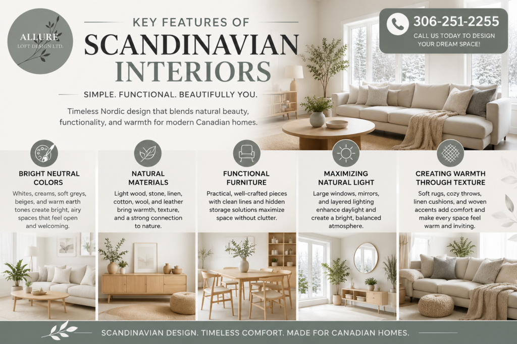 Scandinavian interior design featuring bright neutral colours, natural materials, functional furniture, natural light, and warm textures for modern Canadian homes