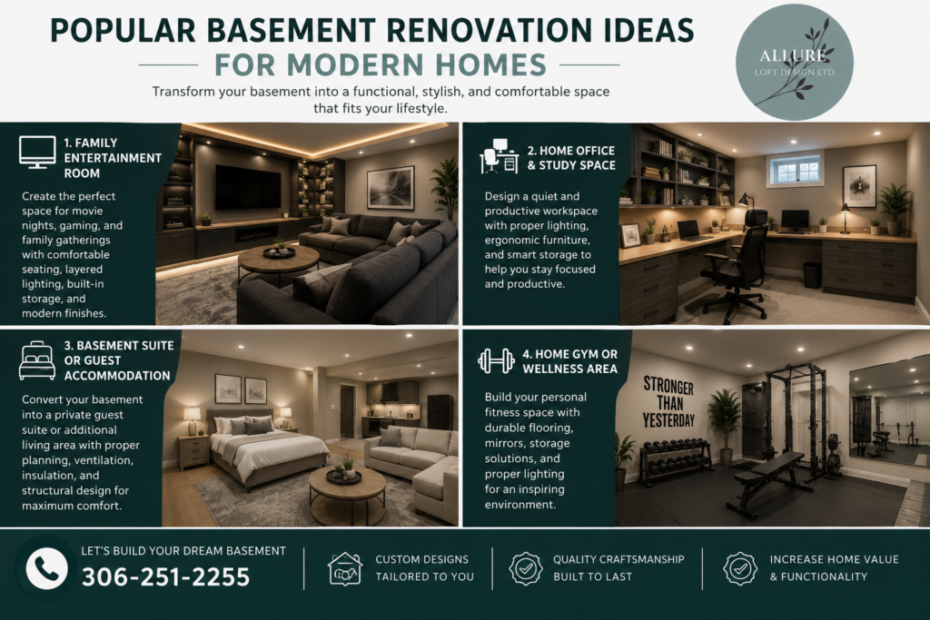 Infographic showcasing popular basement renovation ideas including a family entertainment room, home office, guest suite, and home gym in Saskatoon.