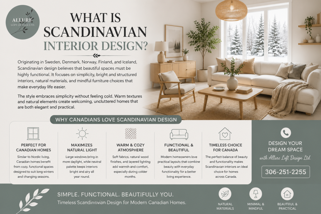 Modern Scandinavian interior design showcasing a bright Nordic living room with natural materials, minimalist décor, large windows, and functional design for Canadian homes