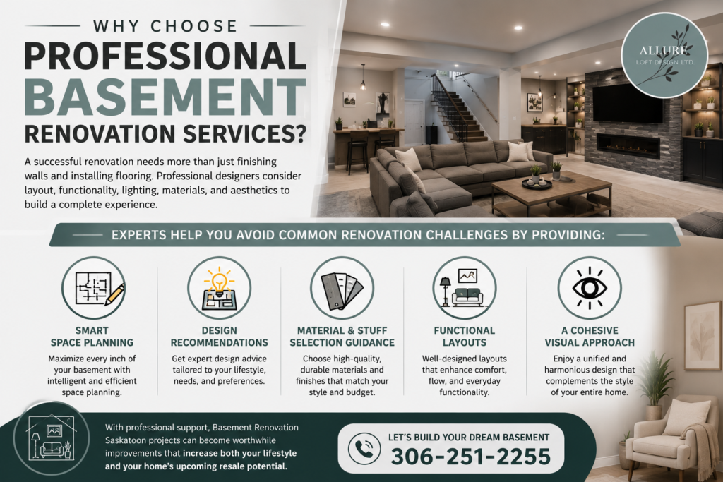 Professional Basement Renovation Saskatoon showcasing expert space planning, custom layouts, premium finishes, and modern basement design solutions.